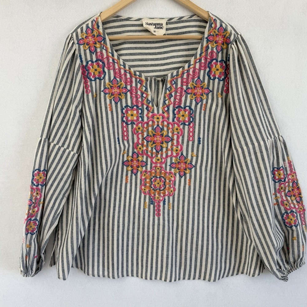 Savanna Jane Floral Embroidered Striped Top 3X Plus Size Blue Nautical Boho